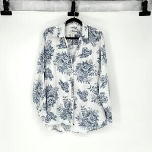 Women's Blue & White Floral Linen Long Sleeve Button-Up Shirt - Size L